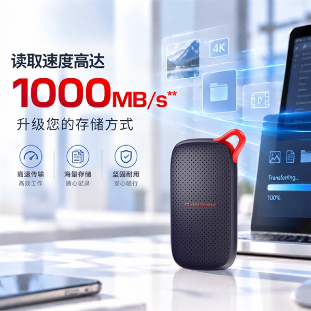 2TB版2199元!闪迪E31移动固态硬盘发布:1000MB/s读速