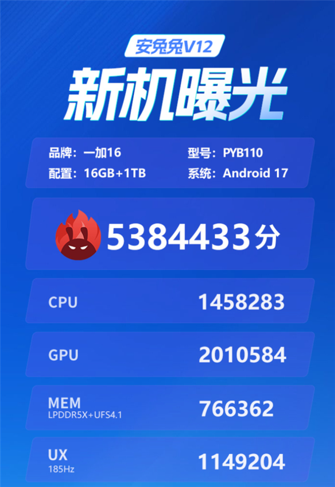 首搭第六代骁龙8超级至尊版!一加16安兔兔跑分出炉 超538万