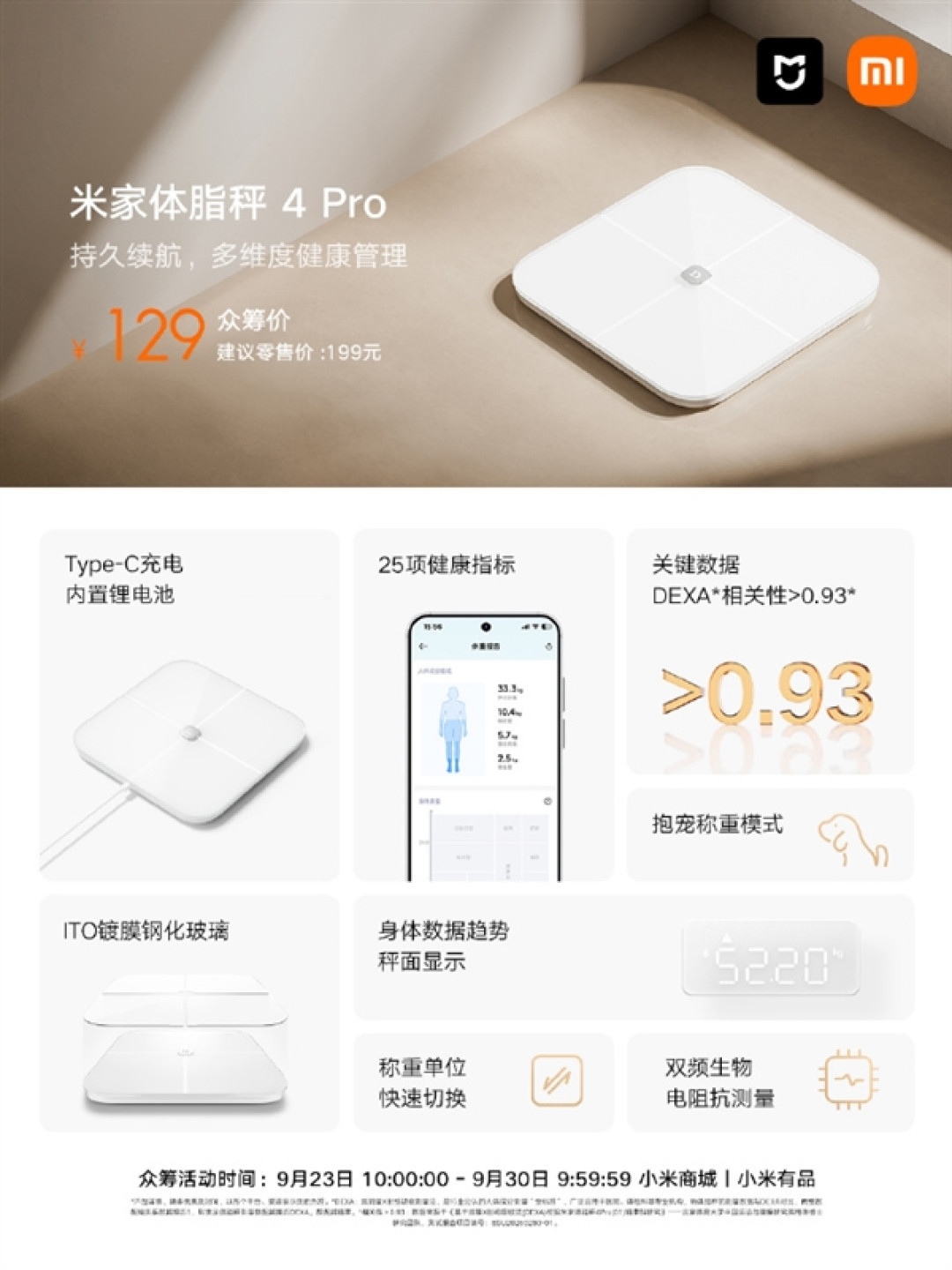 众筹129元!米家体脂秤4 Pro开售:告别换电池 150天超长续航