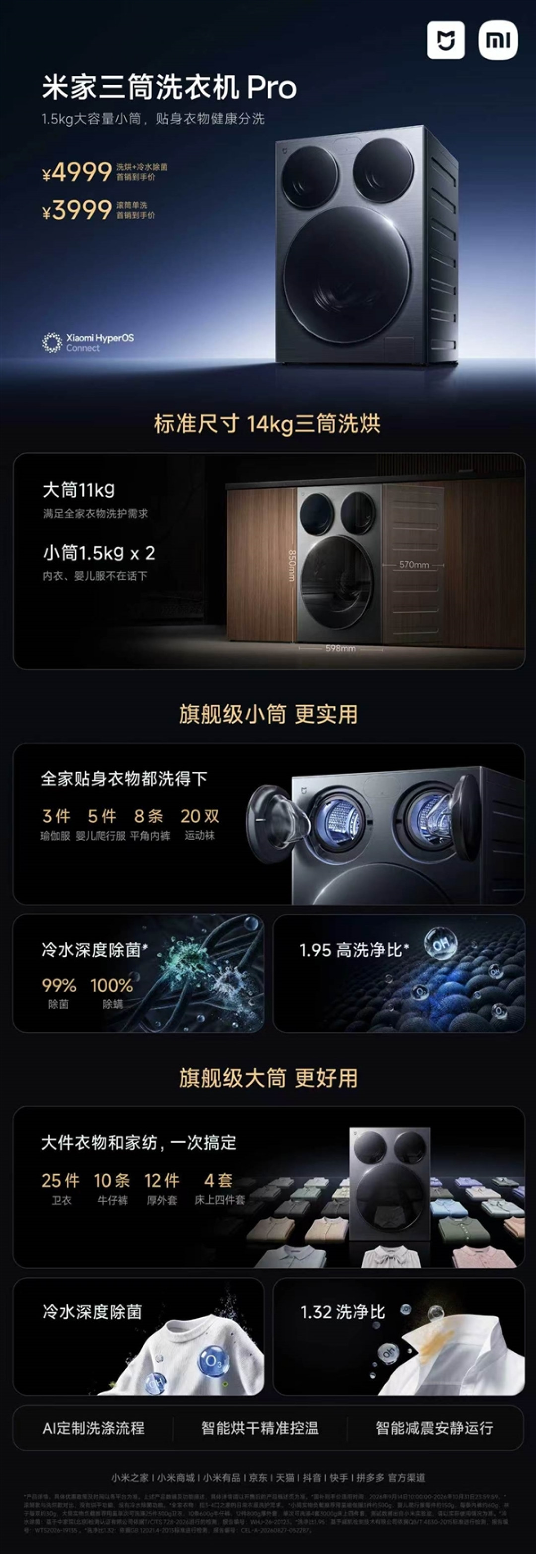 一台顶三台 米家三筒洗衣机14kg发布:3999元起
