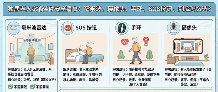独居老人必备4件：毫米波、摄像头、手环、SOS按钮，到底怎么选？