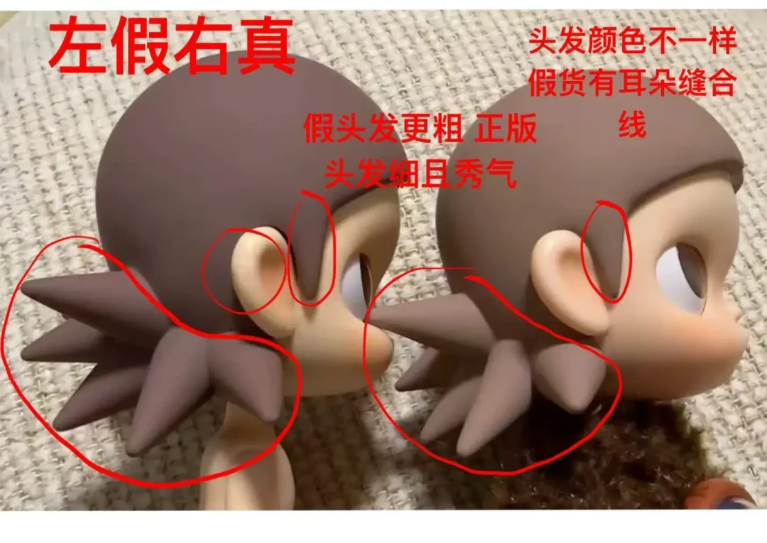头部正侧面对比：假娃头发耳朵缝合线明显偏差