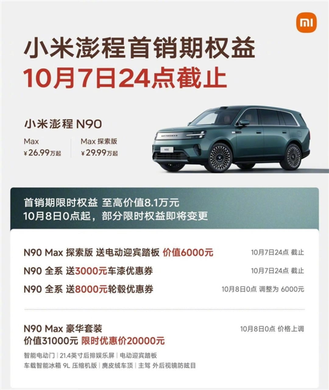 雷军提醒小米澎程首销期权益还剩最后7天：10月8日部分套装价格上调