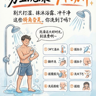 ⚠️男生洗澡别只冲3分钟!漏掉这7处=白洗,第5个90%都忽略