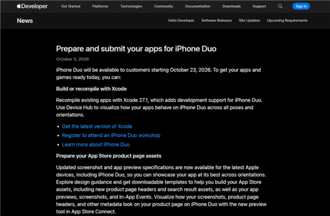 iPhone Duo发售在即!苹果开放适配应用提交:2027年4月起有新要求