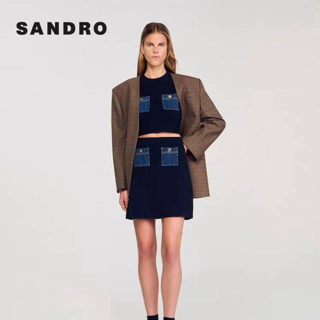 SANDRO Outlets 拼贴牛仔半裙✨法式高腰修身半身裙