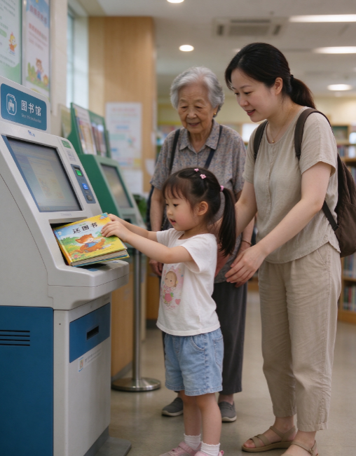带娃去社区图书馆还书娃把书塞进还书机又扒出来