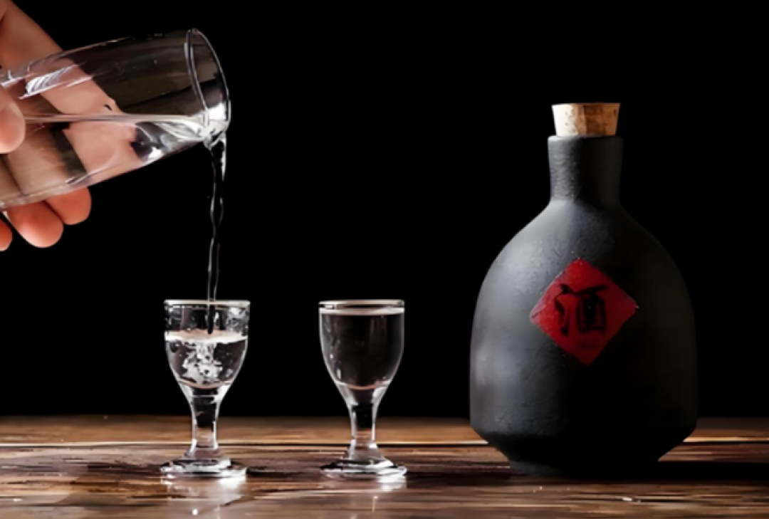 黑瓶白酒倒进酒盅