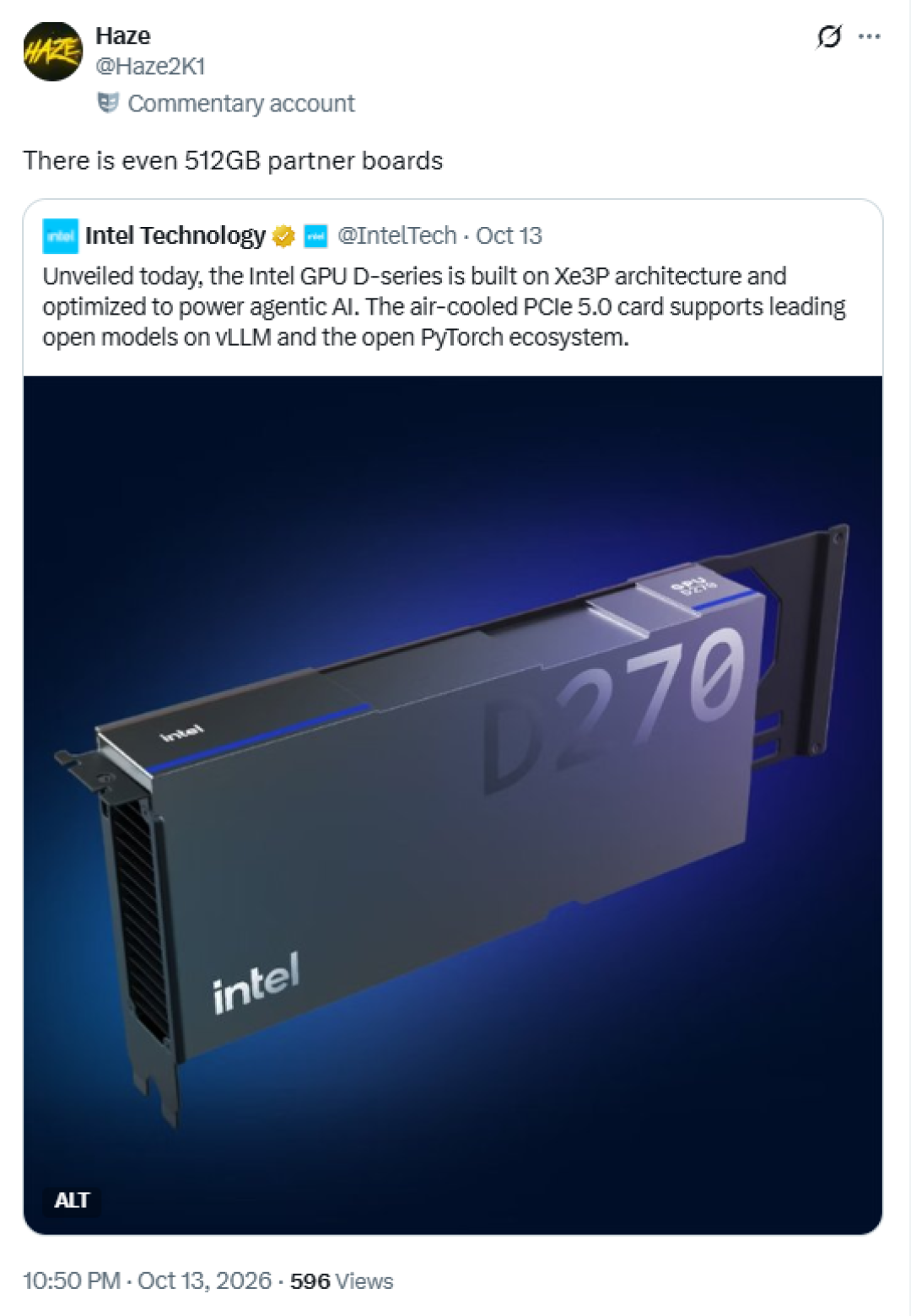 突破官方480GB上限！英特尔D系列GPU再曝料：非公版给到512GB大显存
