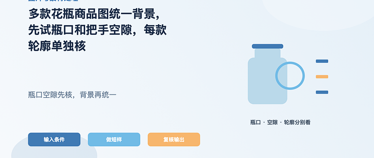 多款花瓶商品图统一背景，先试瓶口和把手空隙，每款轮廓单独核