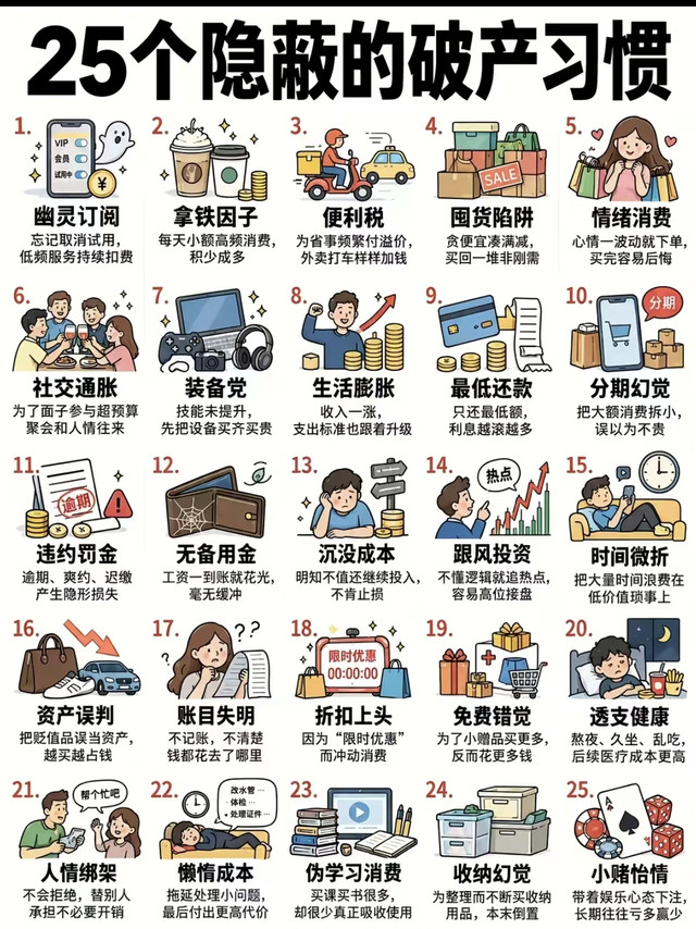 25个隐蔽破产习惯🔥很多人不知不觉越存越穷