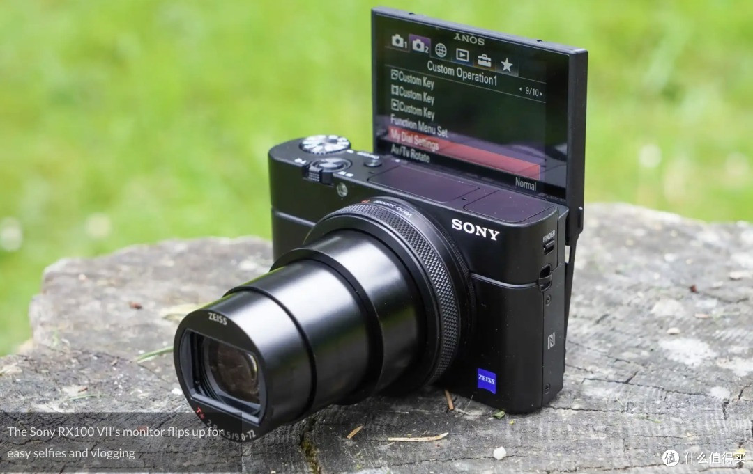 索尼 RX100 VII 卡片机架在树桩上、翻转屏竖起的实拍