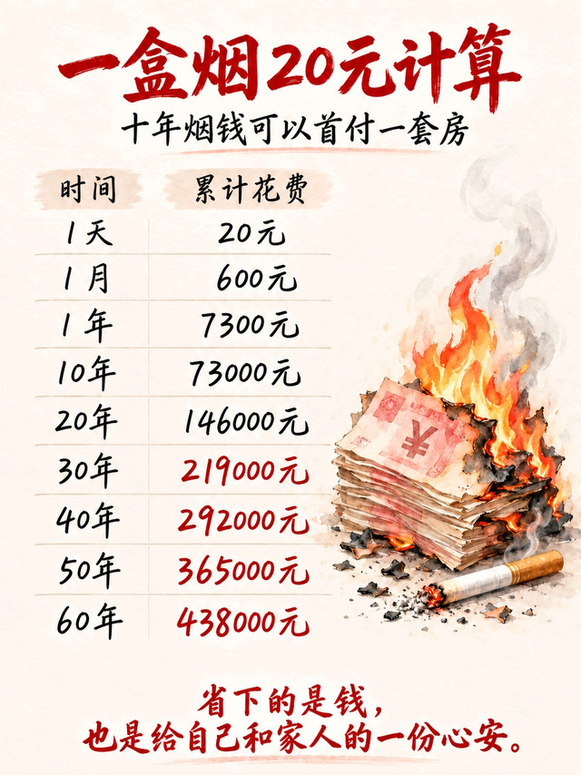 不算不知道！一天一盒20块的烟，几十年下来居然这么多钱