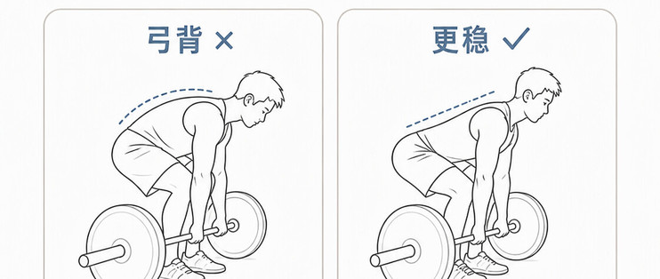 硬拉完腰紧上两天，怕腰突？别急着怪腰弱——弓背多半是三处设置错了：杠铃放回中足、贴墙和木杆重学推髋，用轻重量退阶；麻到膝盖以下，先去医院