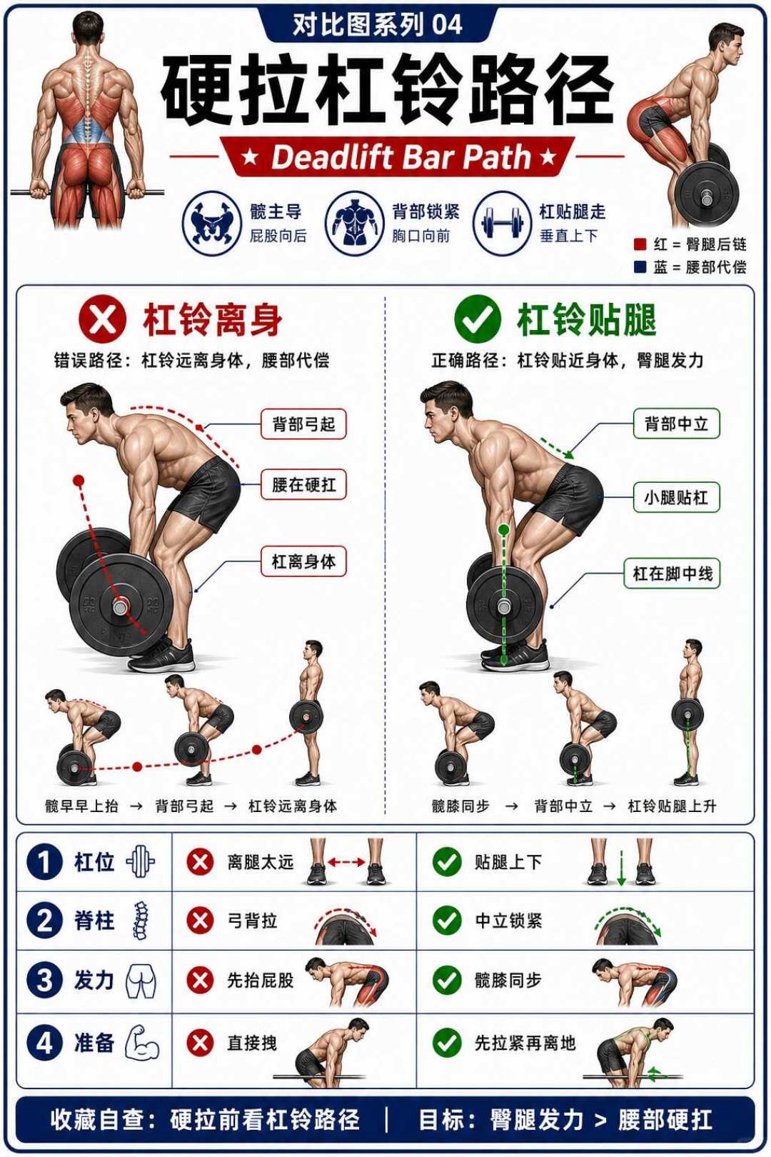 硬拉完腰紧上两天,怕腰突?别急着怪腰弱——弓背多半是三处设置错了:杠铃放回中足、贴墙和木杆重学推髋,用轻重量退阶;麻到膝盖以下,先去医院