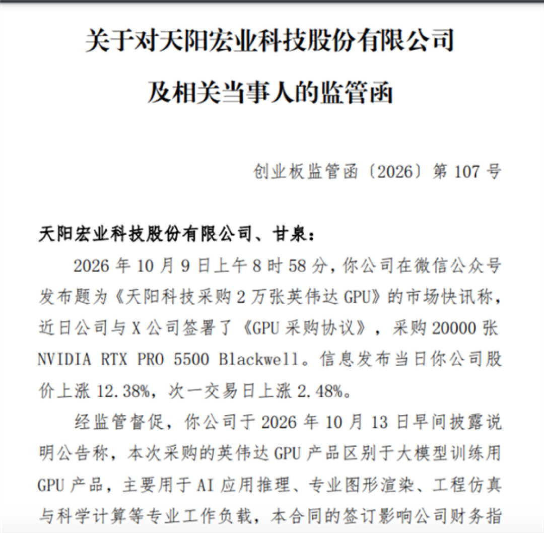 A股公司称拟买2万张英伟达GPU引热炒 股价大涨后收监管函