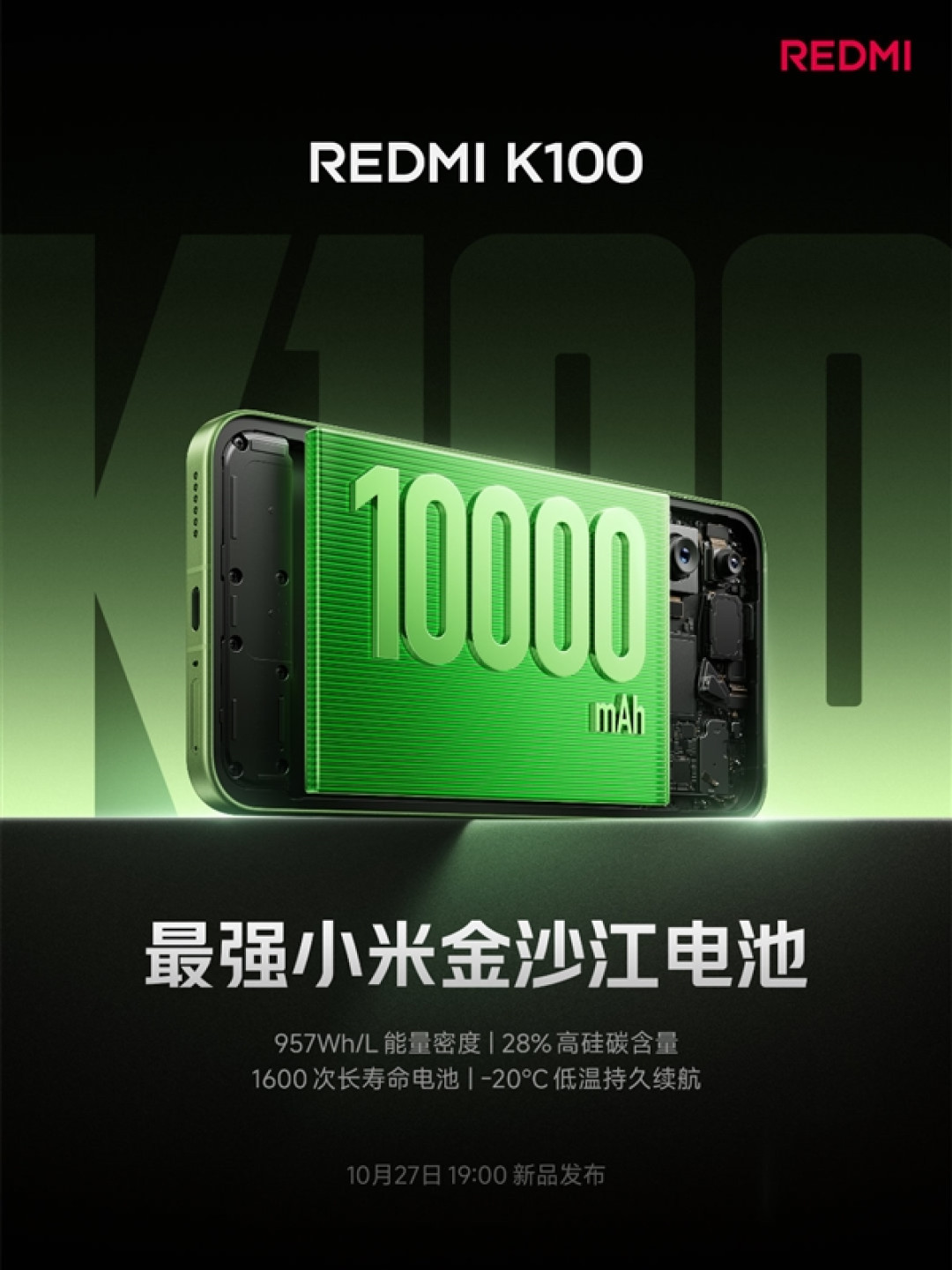 小米系史上最大!REDMI K100搭载10000mAh电池:挑战旗舰最强续航