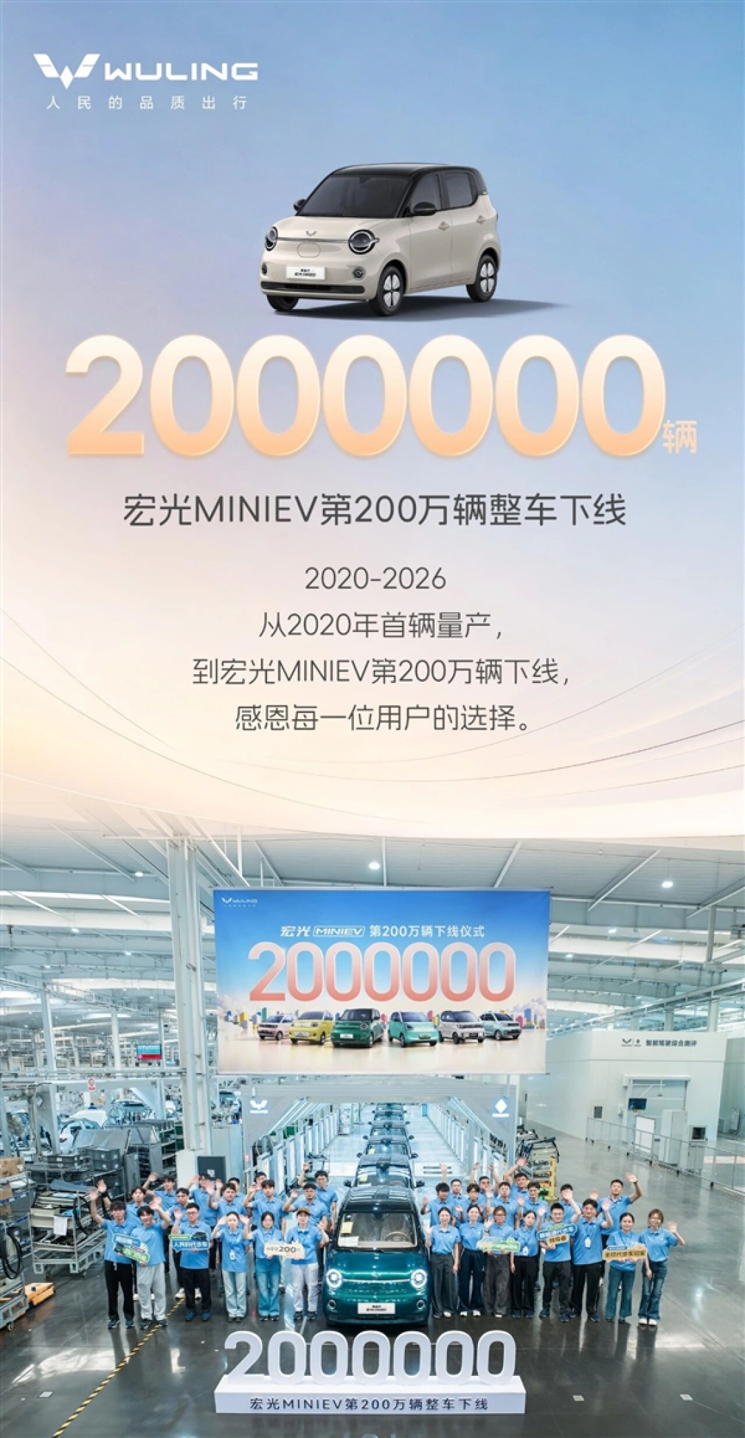 连续28个月中国纯电销冠、单月卖过5万辆！五菱宏光MINI EV第200万台下线