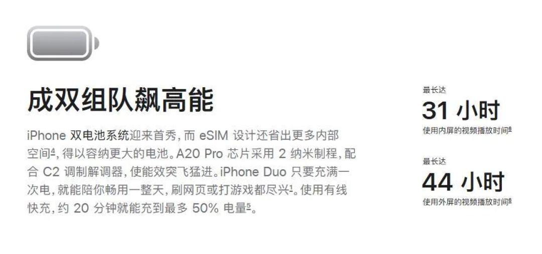 iPhone Duo电池容量终于摊牌:4883mAh,但真正该看的是2962+1921的拆法和那条44小时