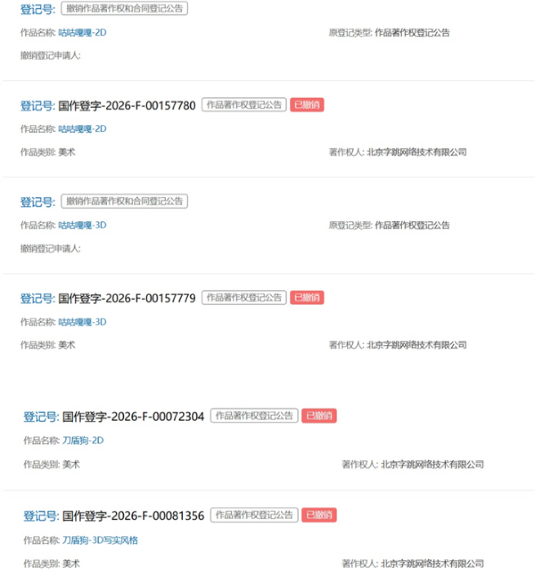 字节撤销咕咕嘎嘎、刀盾狗等网络热梗的美术作品著作权登记!