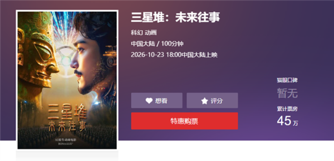 首部龙标AI电影《三星堆:未来往事》上映:首日票房6位数!