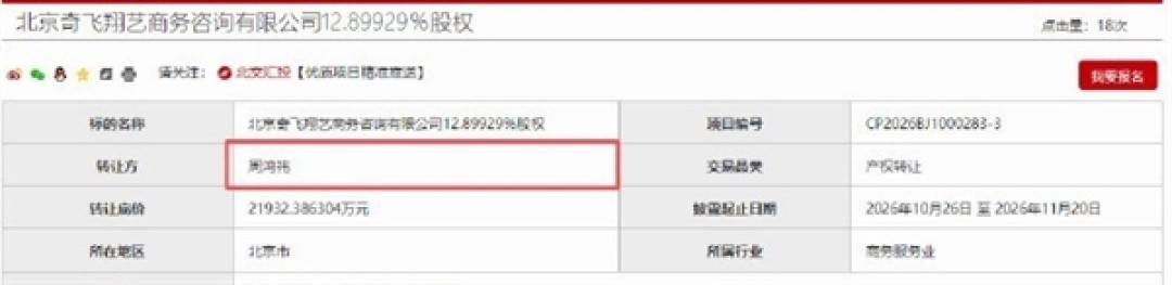 周鸿祎拟转让奇飞翔艺全部股权 转让底价为2.19亿元  该公司目前员工仅10人