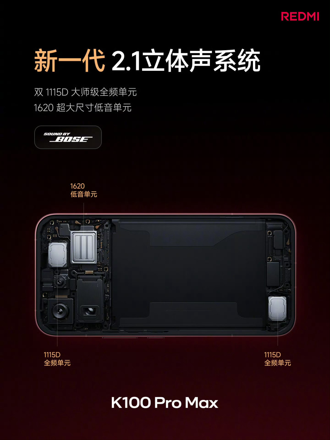 Redmi官博：K100 Pro Max 2.1立体声 Sound by Bose