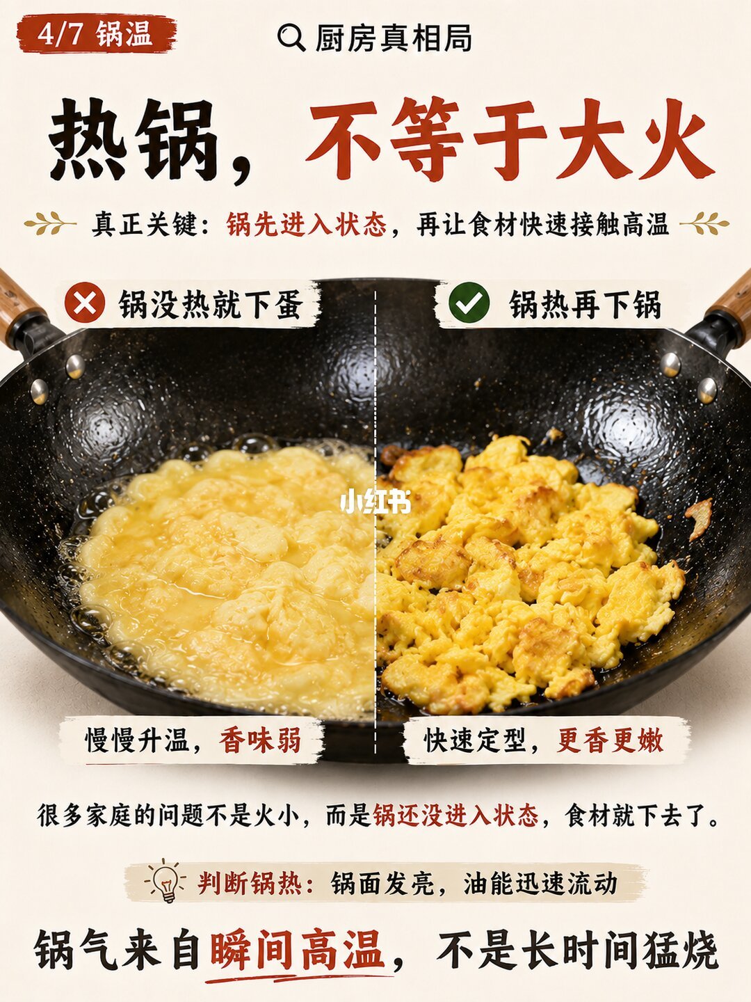 热锅不等于大火：锅没热下蛋湿塌，锅热下蛋快速定型