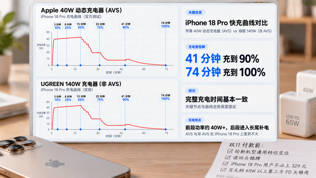 换iPhone 18先验充电头铭牌:329元官方头只快1-2分钟,38元的第三方头也能跑AVS,vivo用户却被系统升级拖慢——双11充电头对表清单