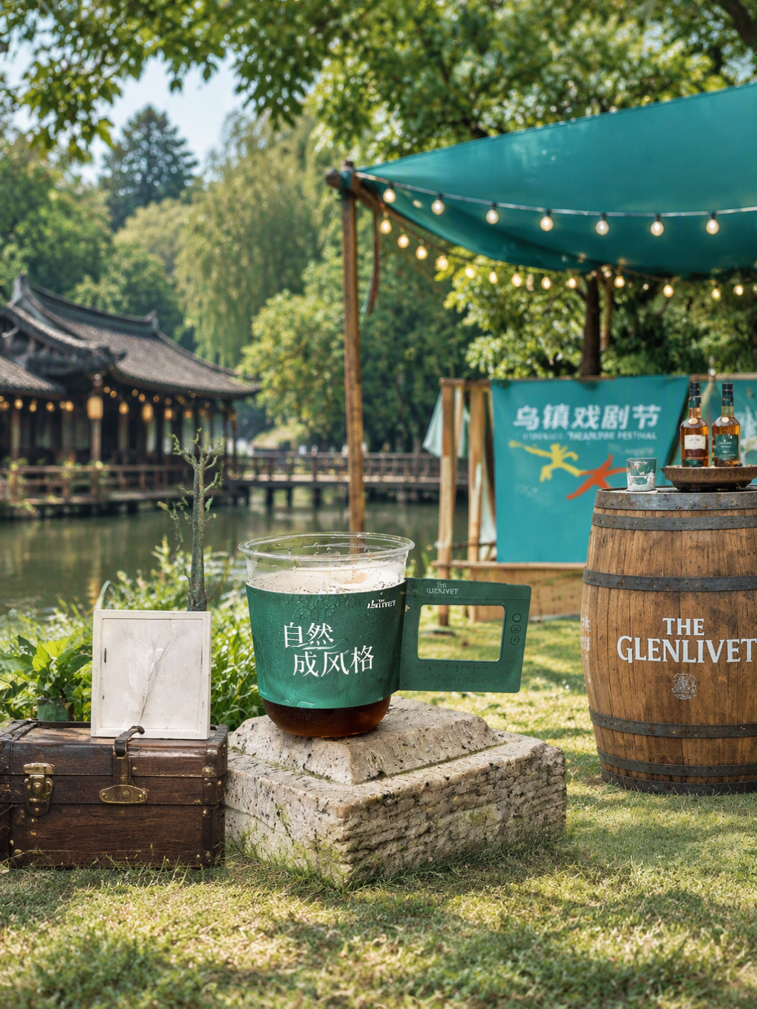 草坪市集上的格兰威特特调杯套与酒桶位（图生图二创，原图摄于乌镇戏剧节现场）
