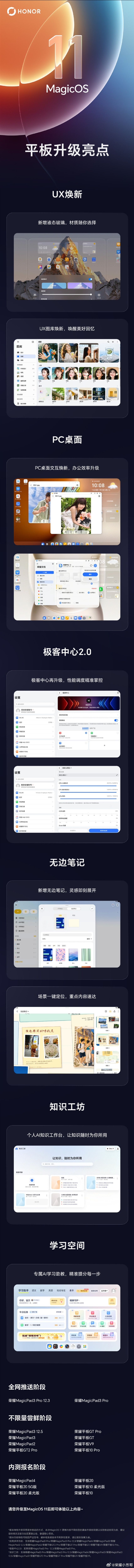 荣耀平板MagicOS11更新亮点一图：支持PC桌面、液态玻璃