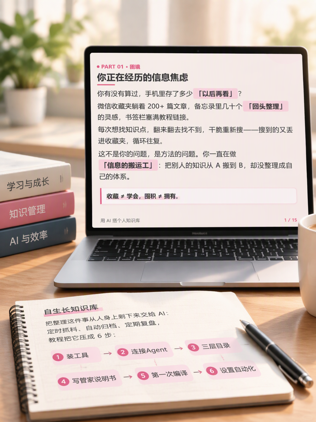 自生长知识库六步搭建流程：装工具、连Agent、建目录、写管家说明书、编译、设自动化