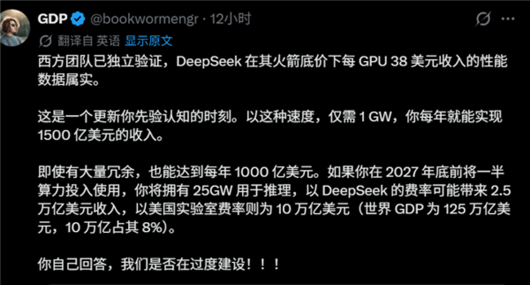 显卡每小时赚38美元 老外证明DeepSeek没吹牛：美国AI能年入10万亿美元