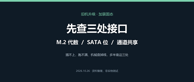 固态加装前先查三处：M.2代数、SATA位、通道分配