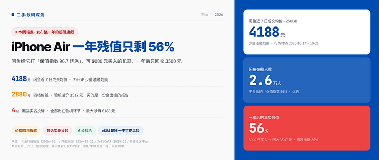 iPhone Air 二手深度测评：一年真实残值 56%，四档价差 2880 元
