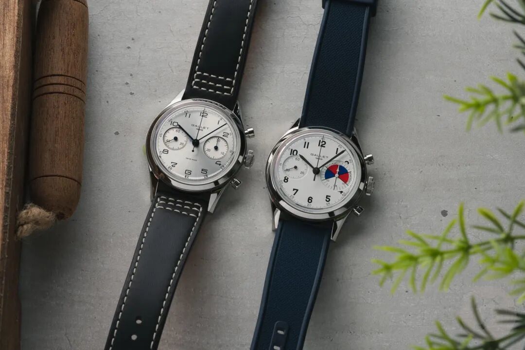 Gallet Classics Tribute to Silverlight and Multichron Yachting Big Eye models side by side, flat-lay
