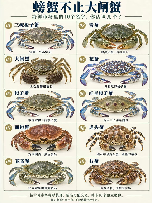 海鲜摊认蟹指南！花蟹、青蟹、石蟹分清了吗