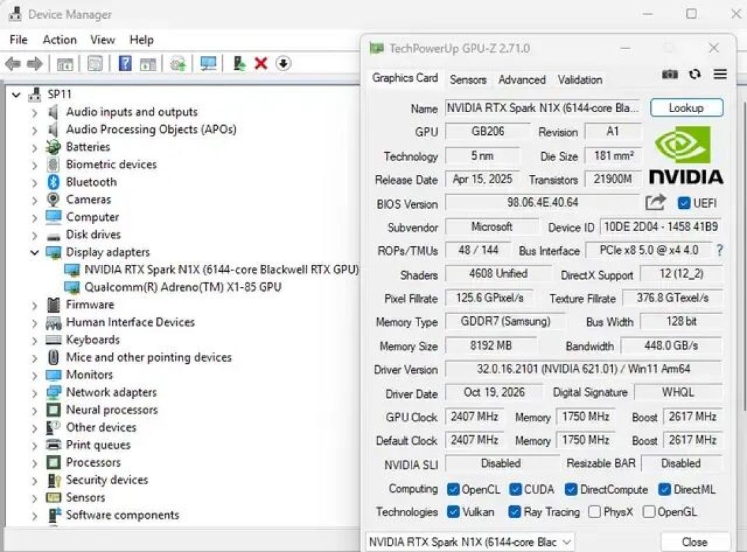 RTX Spark驱动成功识别！骁龙版Surface外接5060 Ti：支持六屏输出
