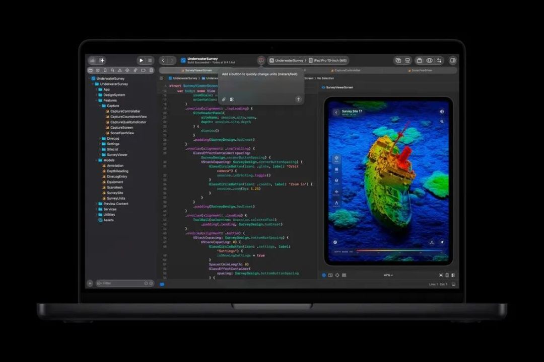 Lines of code are compiled in Xcode on the new 14-inch MacBook Pro with M6.