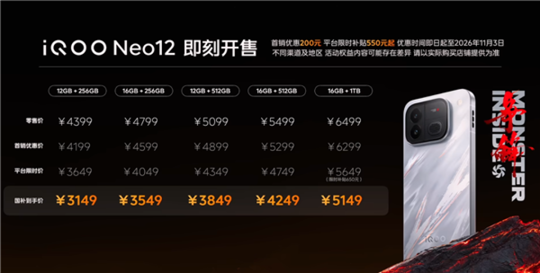 国补到手3149元起 iQOO Neo12发布：骁龙8E5、首发2K 185Hz屏