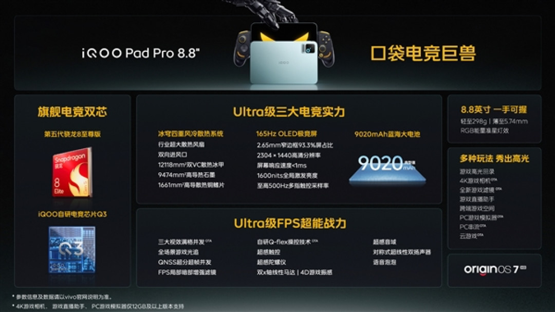 口袋电竞巨兽!iQOO Pad Pro 8.8 英寸发布 3249元起