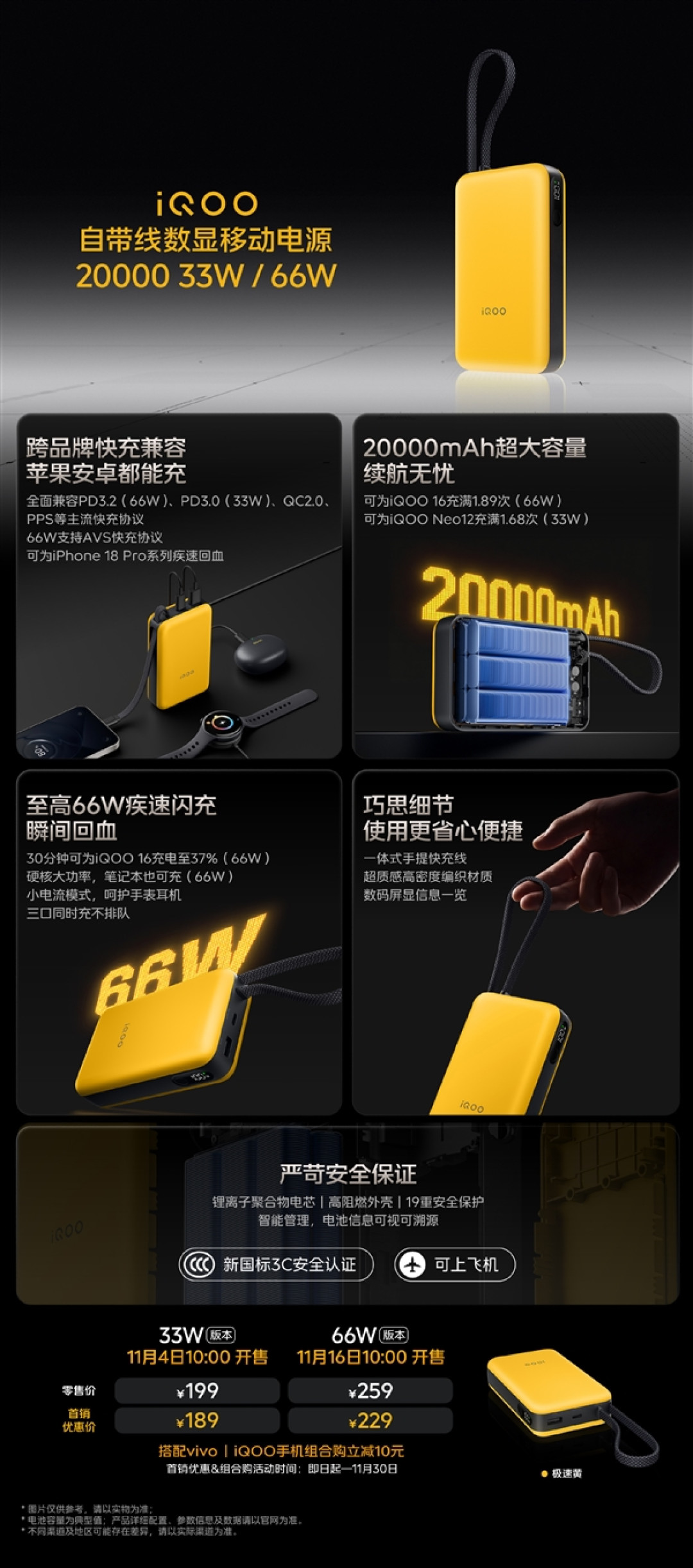 189元起 iQOO自带线数显移动电源20000发布：至高66W闪充