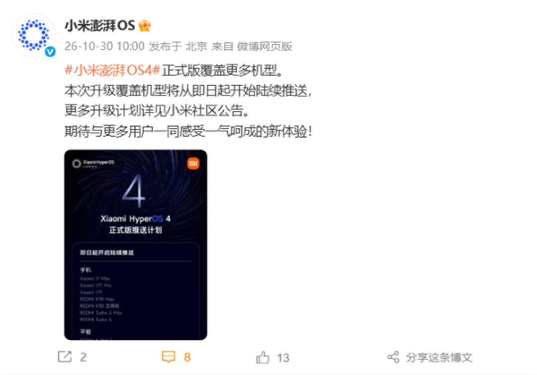 小米澎湃OS 4正式版新一批推送:覆盖小米17T、K90、Turbo 5系列等