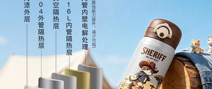 膳魔师牛仔猫保温杯：杯口与开盖方式