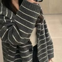 条纹连帽针织开衫男女情侣款宽松线衣