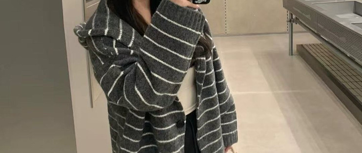 条纹连帽针织开衫男女情侣款宽松线衣